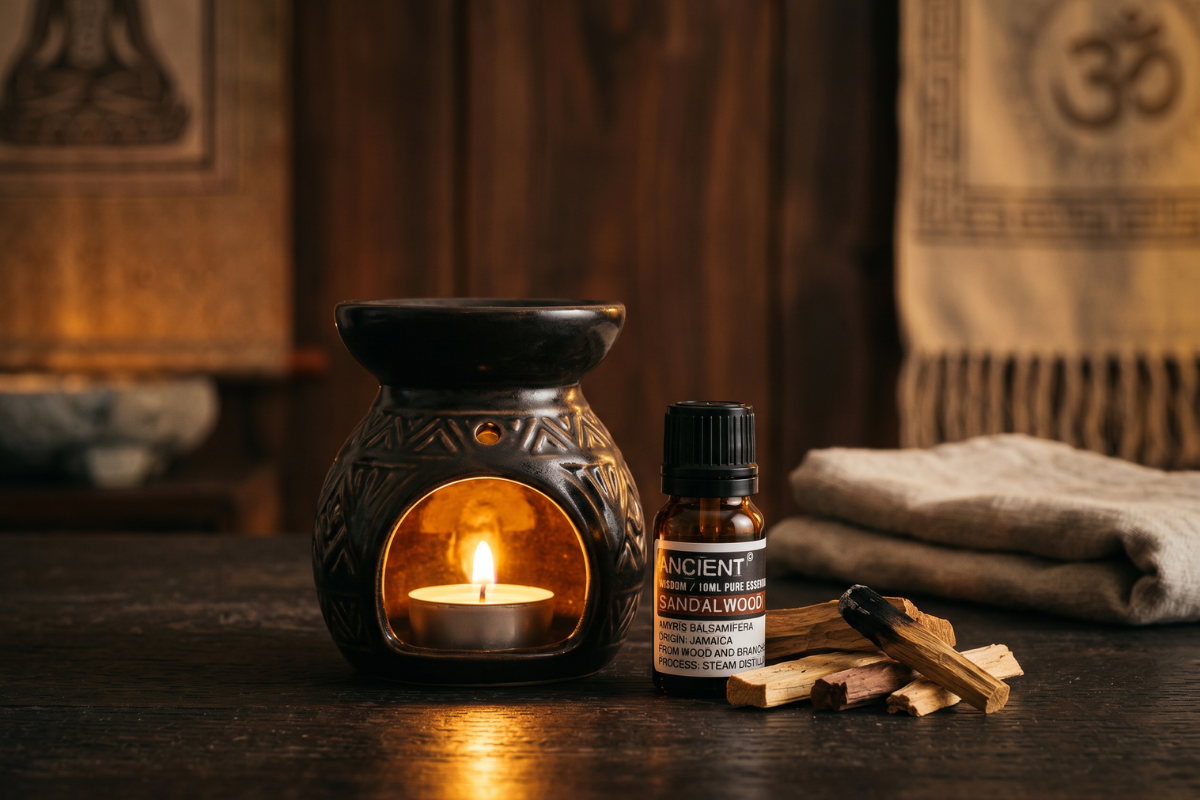 En lille m�rk glasflaske med �terisk olie. Etiketten har en varm brun stribe og teksten 'Ancient Sandalwood'.