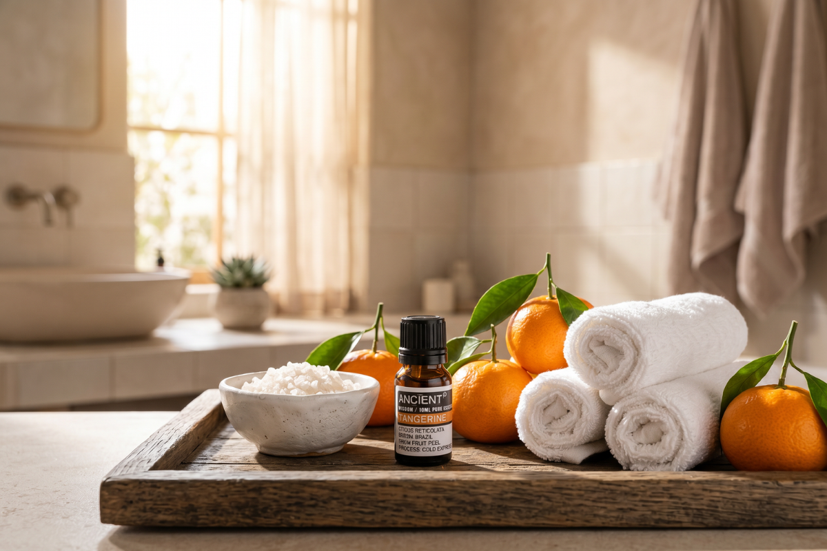 En m�rk, ravfarvet glasflaske med sort l�g indeholdende 10ml �terisk tangerinolie. Etiketten siger 'Ancient Wisdom / Tangerine / Citrus Reticulata'.