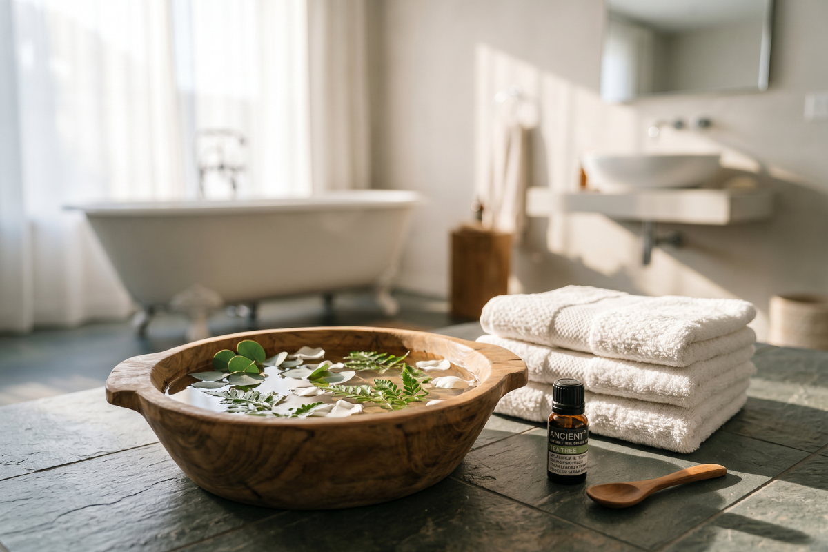 En m�rk, ravfarvet glasflaske med sort l�g indeholdende 10ml �kologisk �terisk Tea Tree olie. Etiketten siger 'Ancient Wisdom / Organic Tea Tree'.