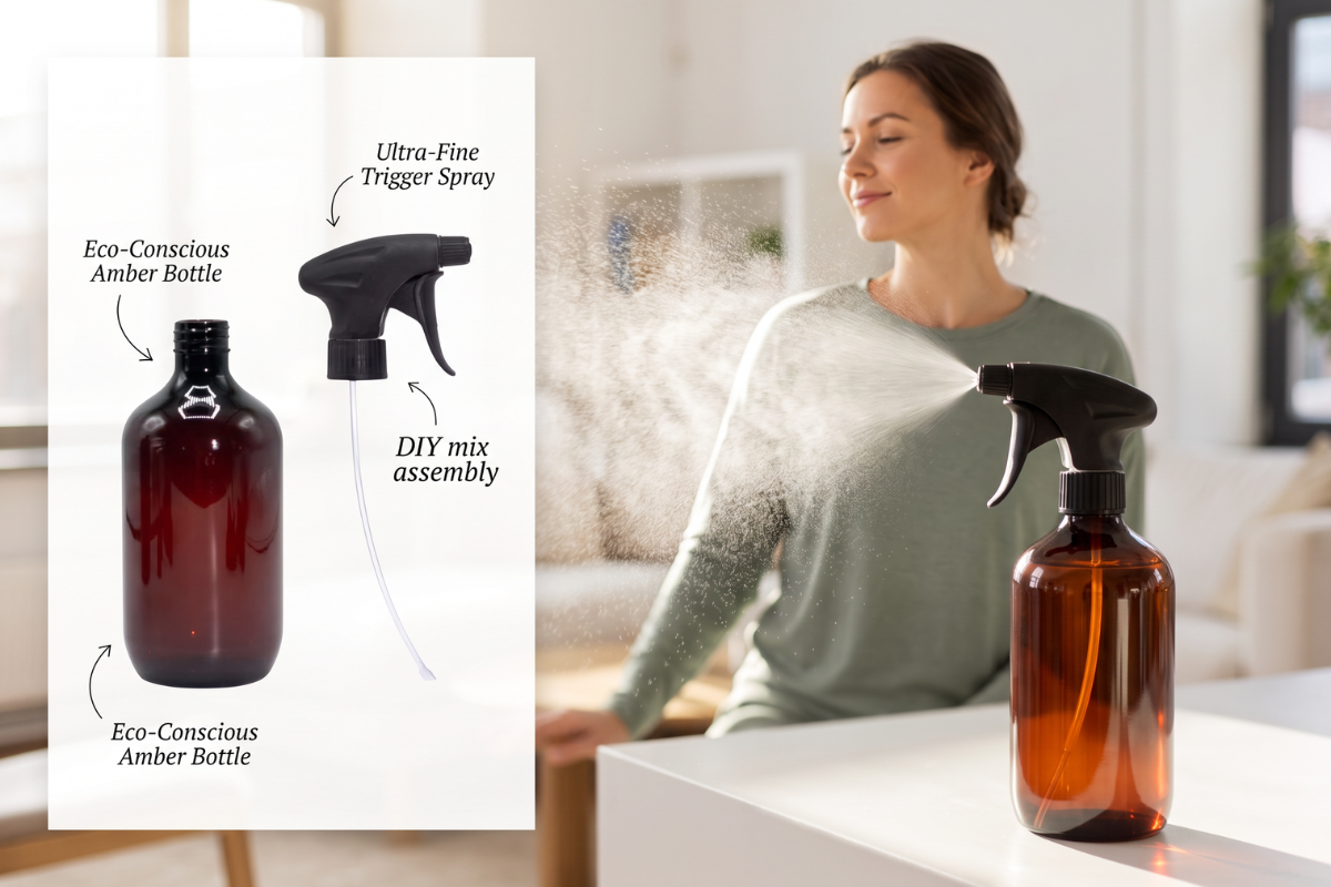 500 ml amber plastflaske med sort trigger-spray til DIY rumspray og reng�ring.