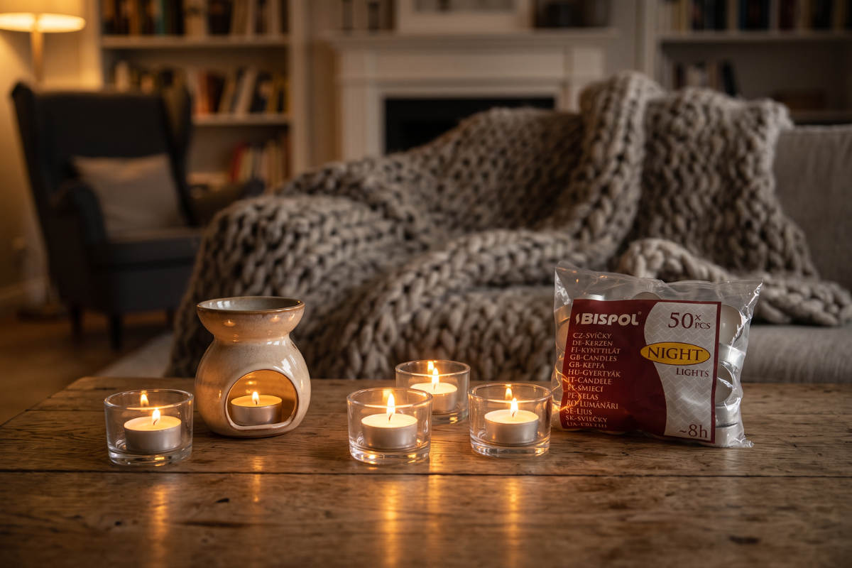 50 stk Bispol Night Lights fyrfadslys i en klar pose med bordeauxfarvet m�rkat.