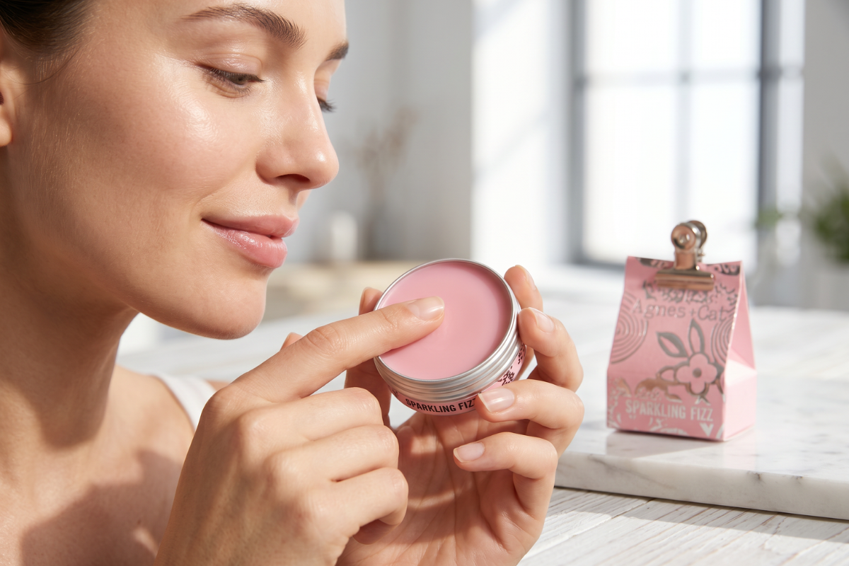 Agnes+Cat L�bebalsam Sparkling Fizz i smuk, folieret pastel-rosa gave�ske