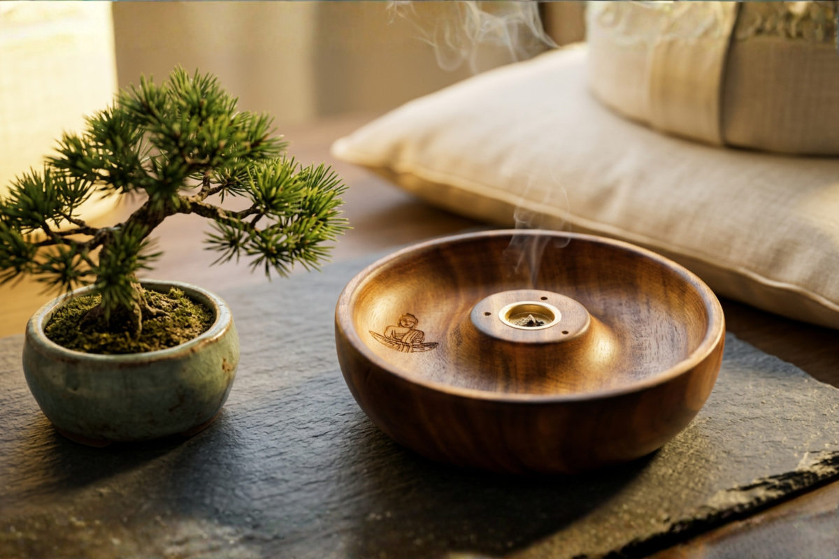 Buddha r�gelseholder i h�ndsk�ret mangotr� til pinde og cones � Spirituel boligindretning fra Ancient serien