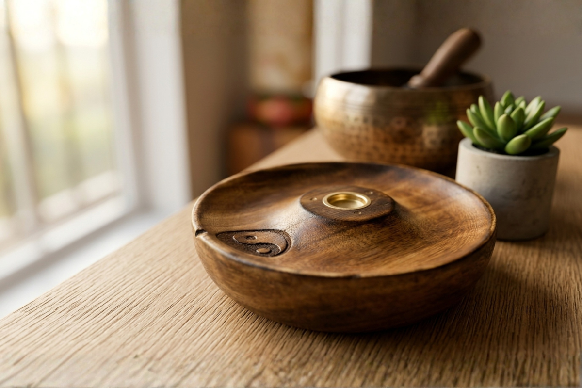 Yin & Yang r�gelseholder i h�ndlavet mangotr� til pinde og cones � Spirituel elegance til hjemmet