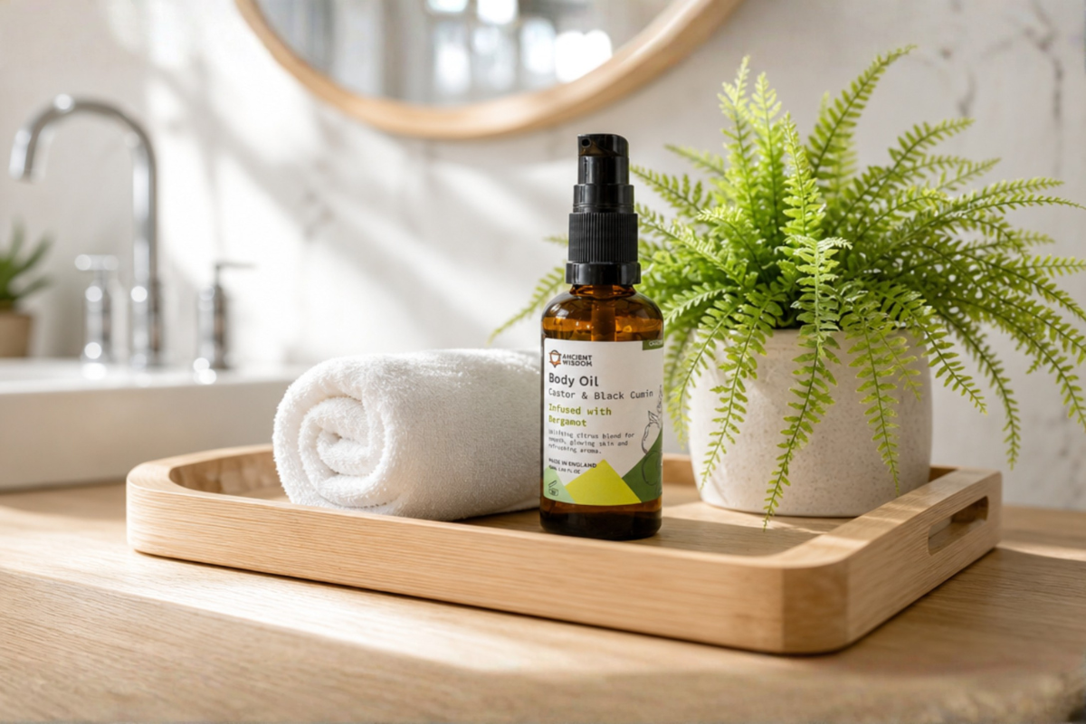 �kologisk Bergamot Kropsolie 50ml i ravgul glasflaske pr�senteret p� shoppen til opfriskende vitalitet og pleje.