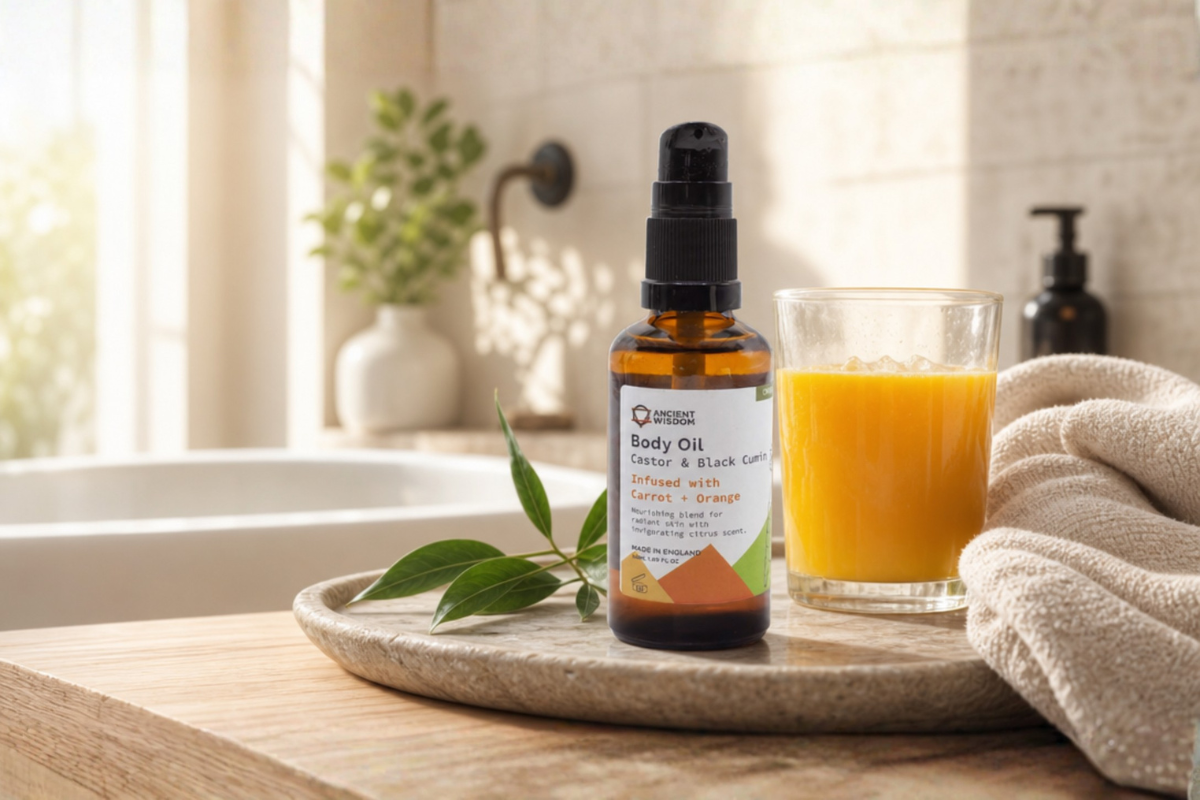 �kologisk Gulerod & Appelsin Kropsolie 50ml i ravgul glasflaske pr�senteret p� shoppen til revitaliserende pleje.