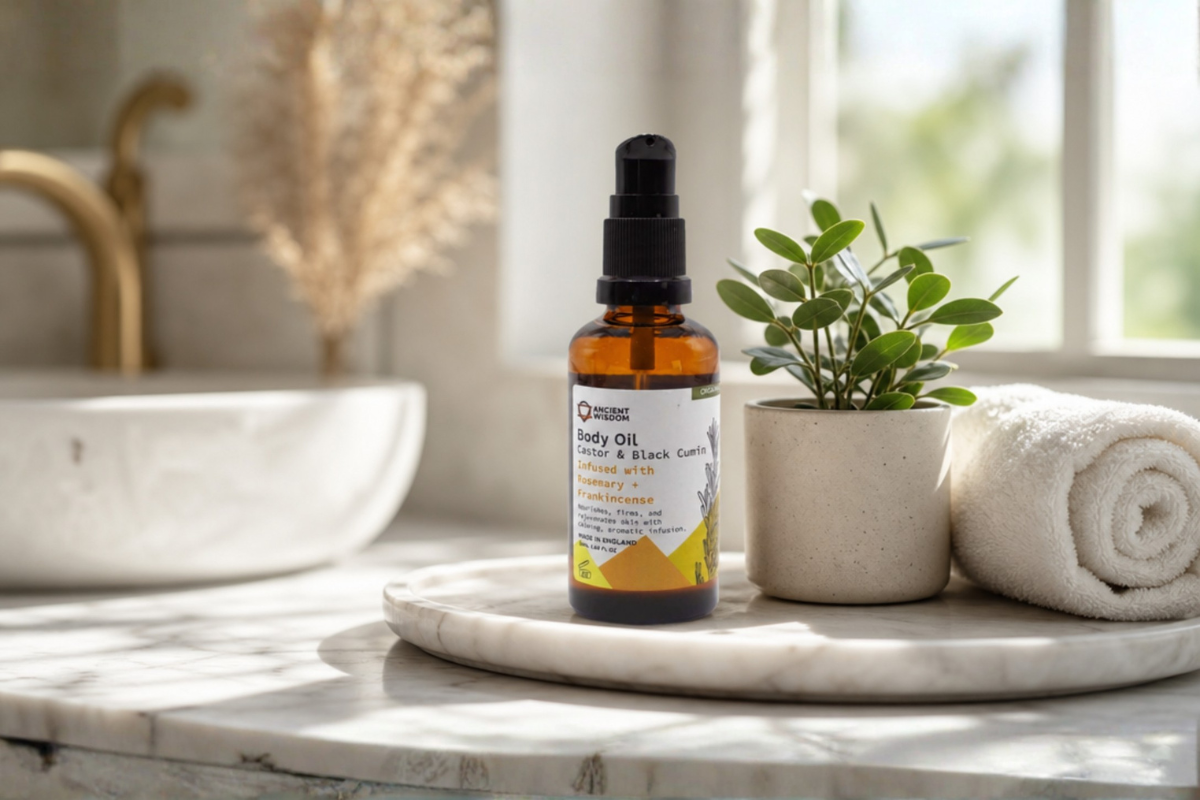 Organic Body Oil Rosemary & Frankincense i ravgul glasflaske med ikoner for balancerende pleje pr�senteret p� shoppen.