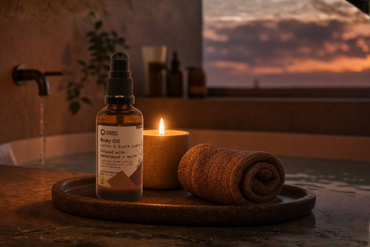 �kologisk Sandalwood & Myrrh Kropsolie 50ml i ravgul glasflaske pr�senteret p� shoppen til dyb restitution og velv�re.