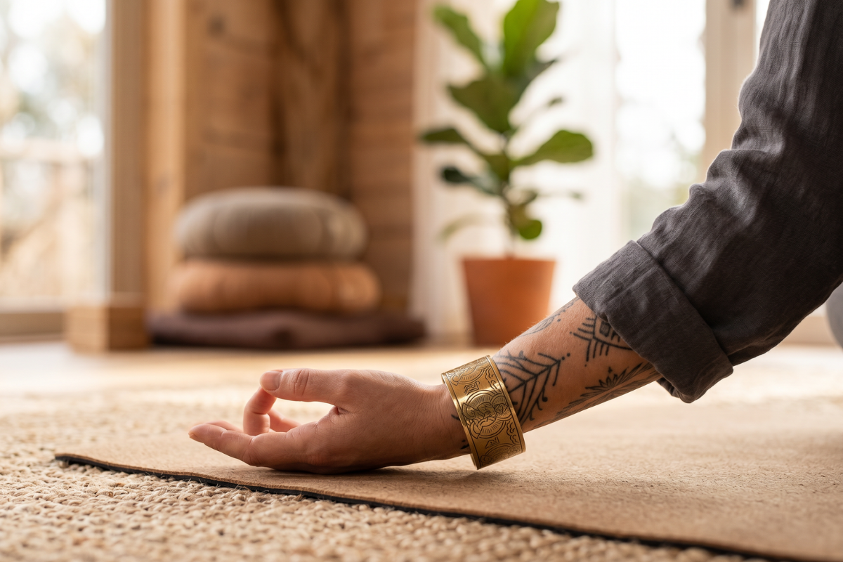 H�ndlavet tibetansk messingarmb�nd med indgravering af de fem buddhaer