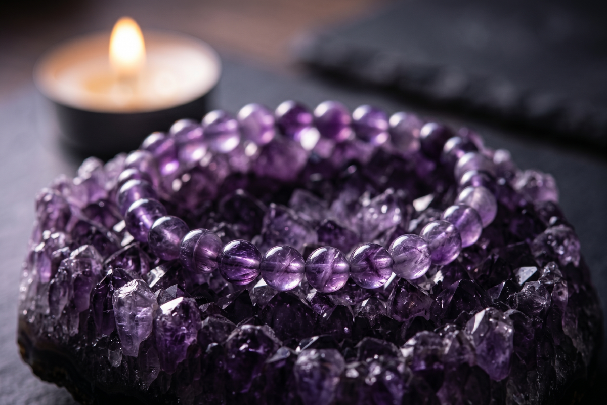 Amethyst Manifestationsarmb�nd lilla perler p� displaykort i genbrugskarton