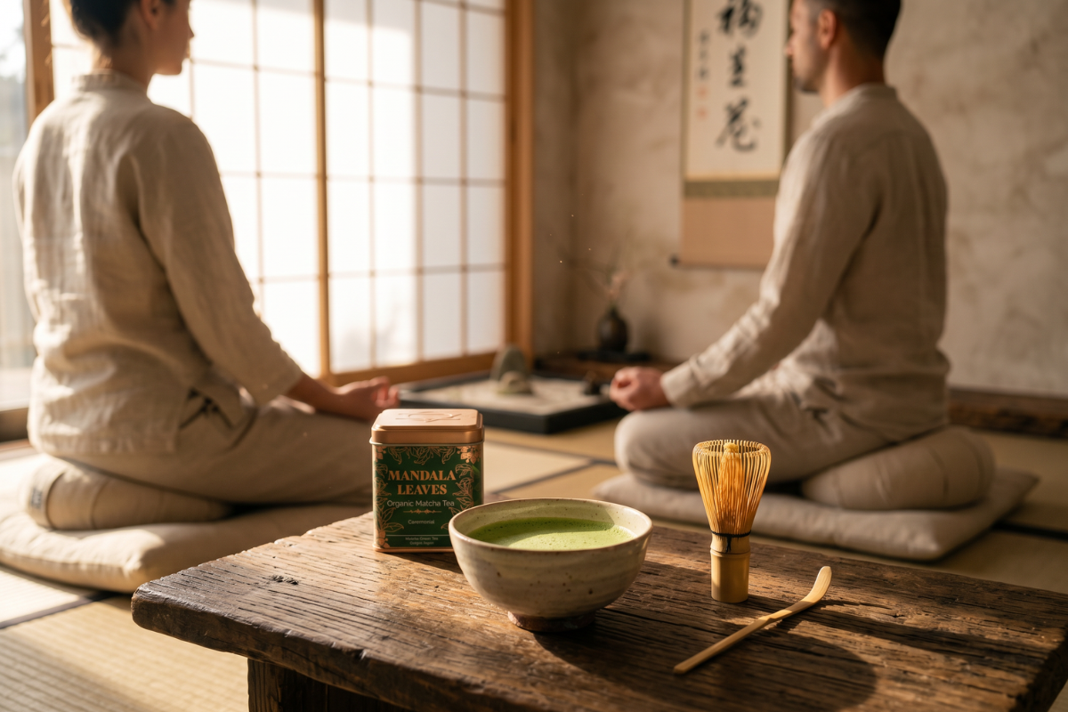 En firkantet metald�se med botanisk gr�nt print og kobberl�g fra Mandala Leaves. Teksten siger 'Organic Matcha Tea - Ceremonial'. Ved siden af ligger en fin bunke intens, lysende gr�n matcha pulver.
