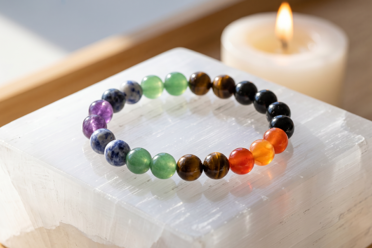 Chakra Stones Power Armb�nd multifarvede perler p� brunt displaykort