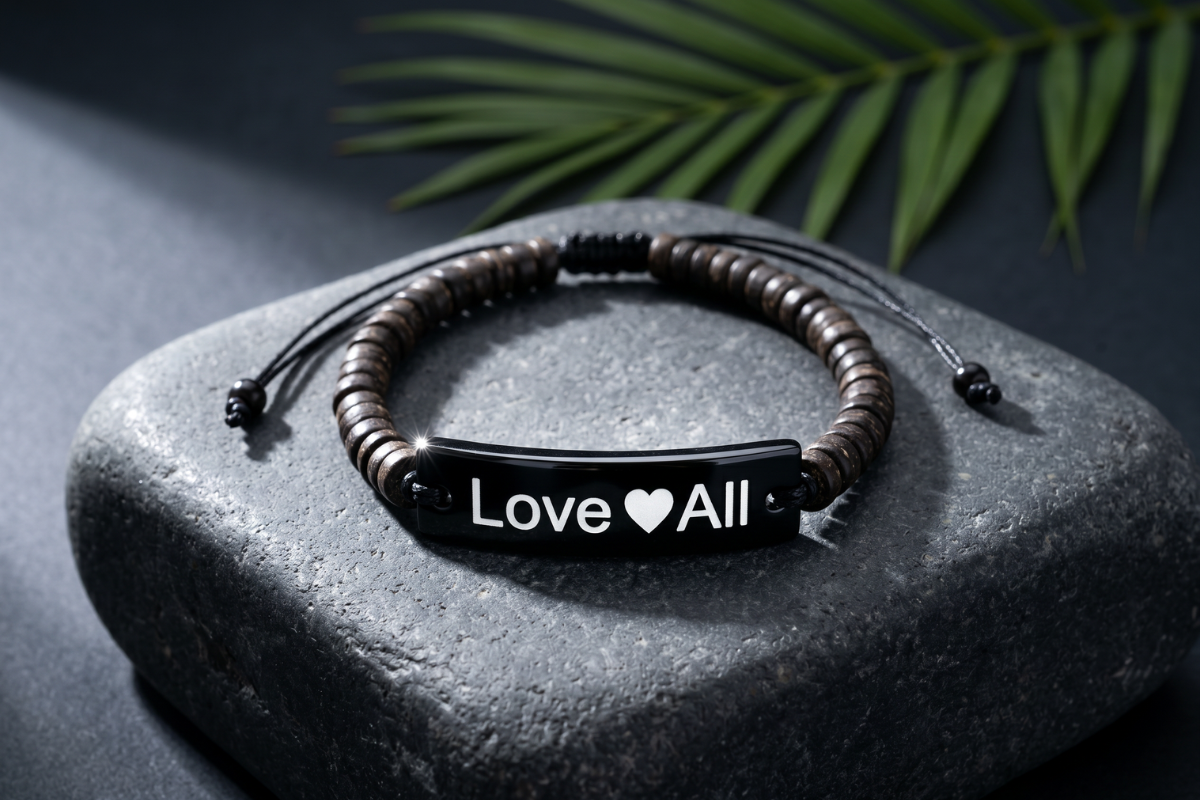 Coco Black Slogan Armb�nd i kulsorte kokosperler med Love All tekst