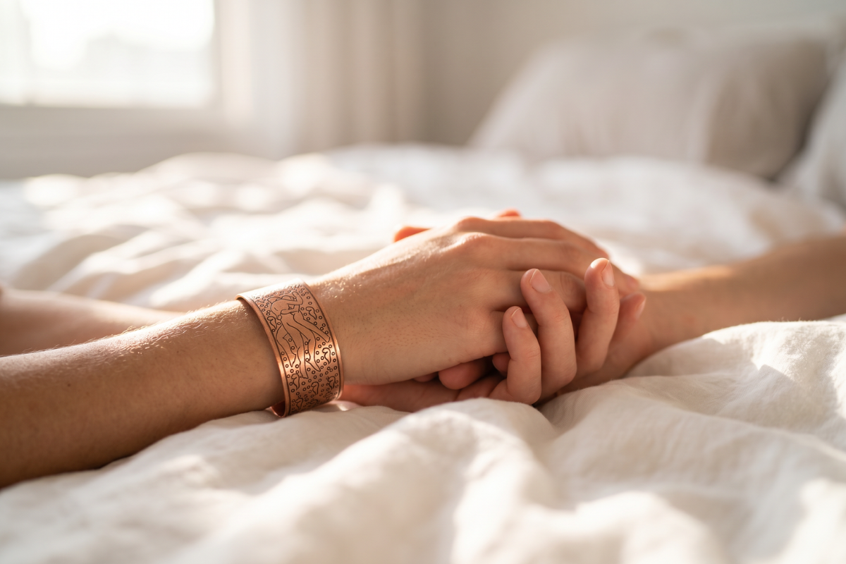 H�ndlavet tibetansk kobberarmb�nd med detaljerede Kamasutra-indgraveringer