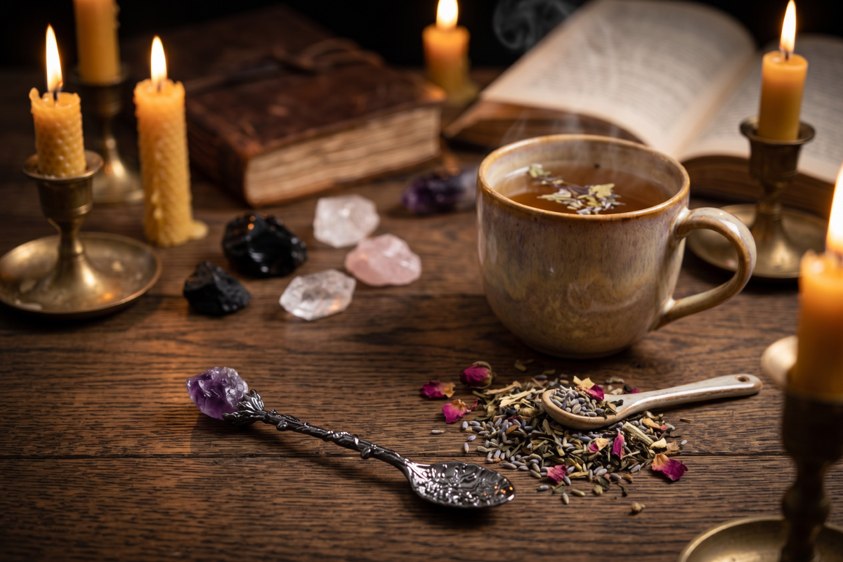 Et meget t�t n�rbillede af m�rke, ornamenterede s�lvskeer, hvor grebende er udformet som grene og toppet med lysende, r� stykker af ametyst og rosakvarts.