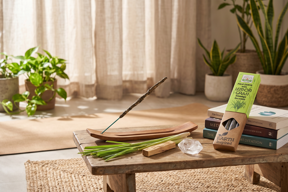 Earth Inspired Smudge Incense �ske i lysegr�n og brun kraftpapir med tre tykke, h�ndrullede r�gelsespinde belagt med synlige, t�rrede urter og citrongr�s.