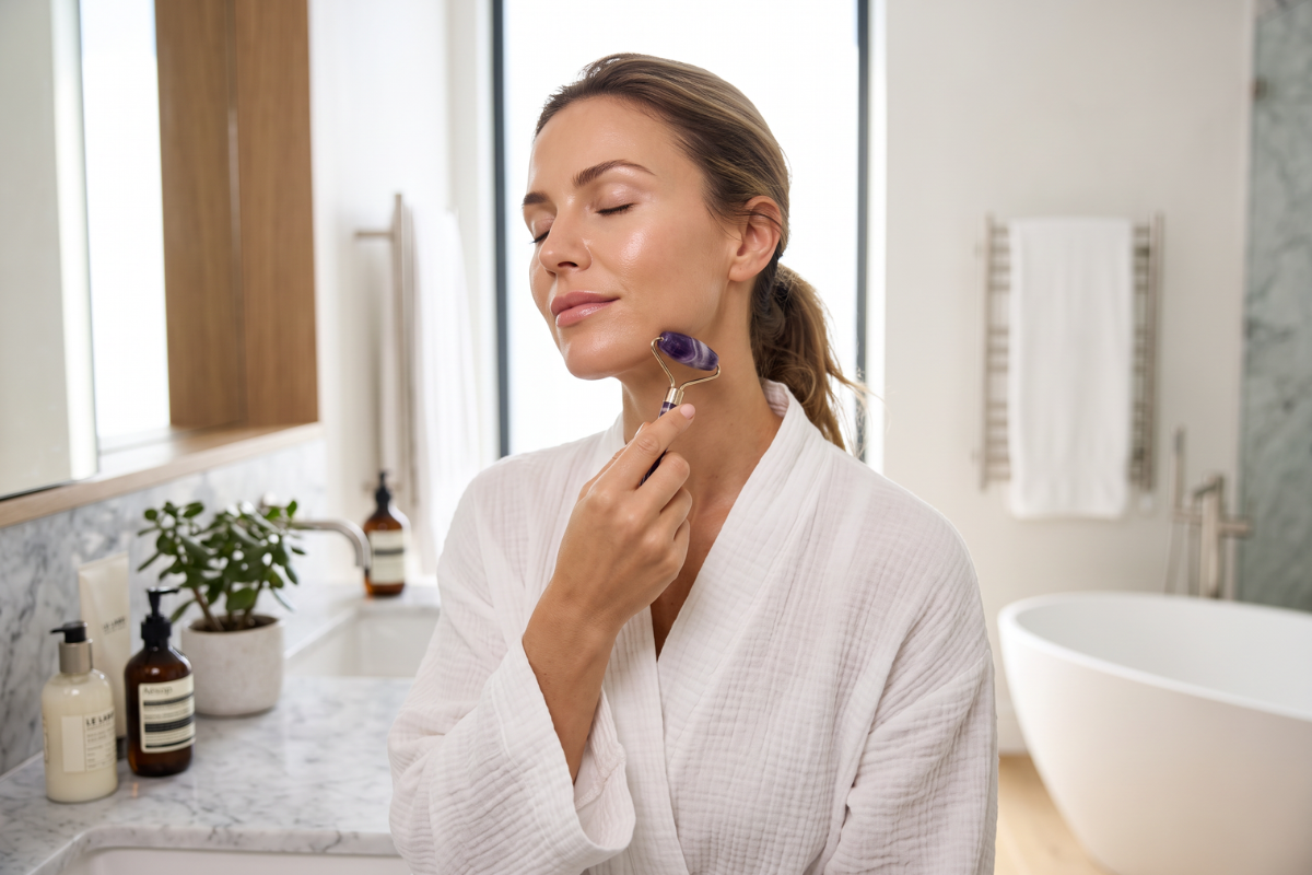 �gte Ametyst ansigtsrulle (Face roller) med lilla �retegninger og gyldne messingdetaljer