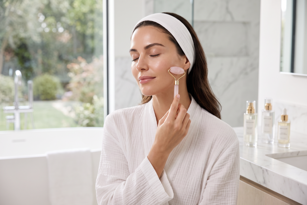 �gte Rosakvarts ansigtsrulle (Face roller) med gyldne messingdetaljer til ansigtsmassage