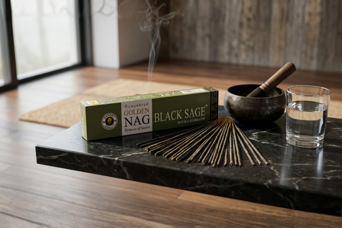 Golden Nag Black Sage 15g eksklusiv r�gelse i salviegr�n indpakning � H�ndrullede pinde fra Bangalore pr�senteret p� shoppen.
