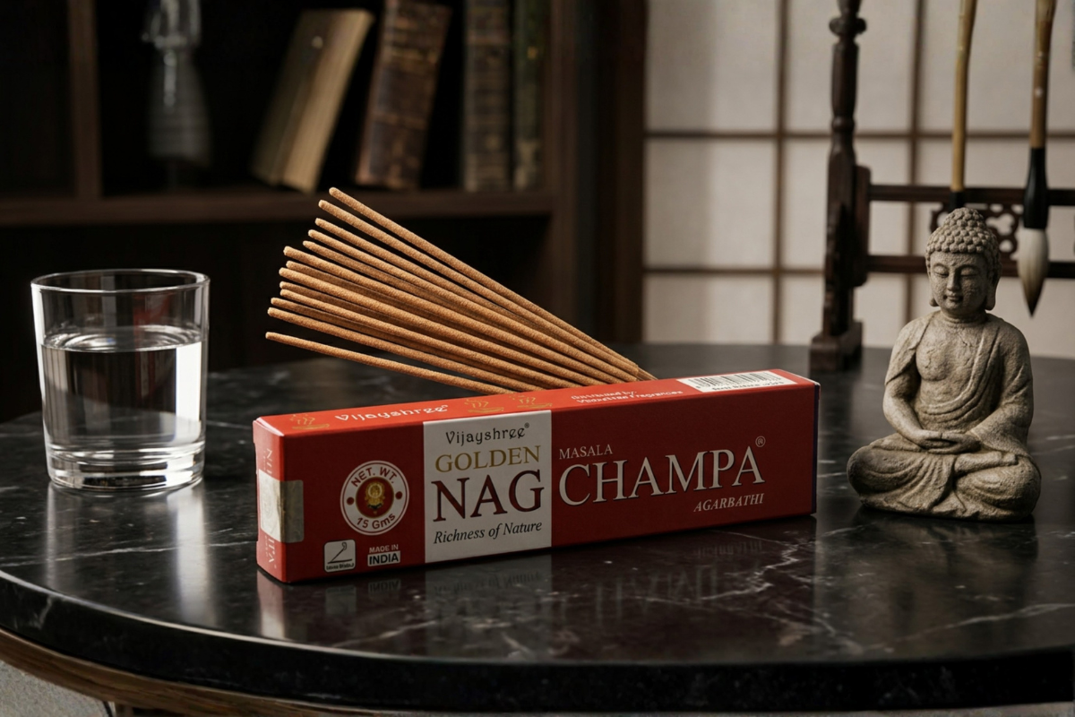 Golden Nag Champa 15g eksklusiv r�gelse i r�d og guld indpakning � H�ndrullede pinde fra Bangalore pr�senteret p� shoppen.