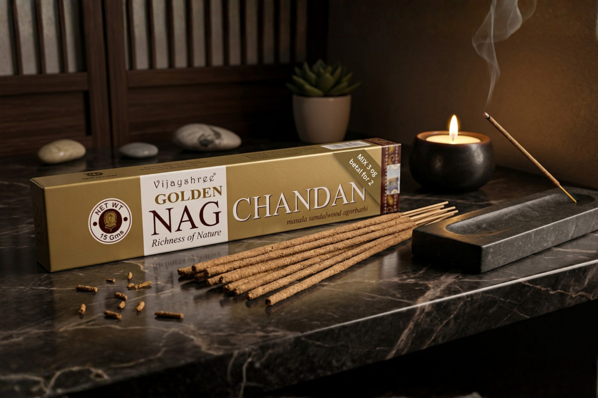 Golden Nag Chandan 15g eksklusiv r�gelse i guld og brun indpakning � H�ndrullede pinde fra Bangalore pr�senteret p� shoppen.
