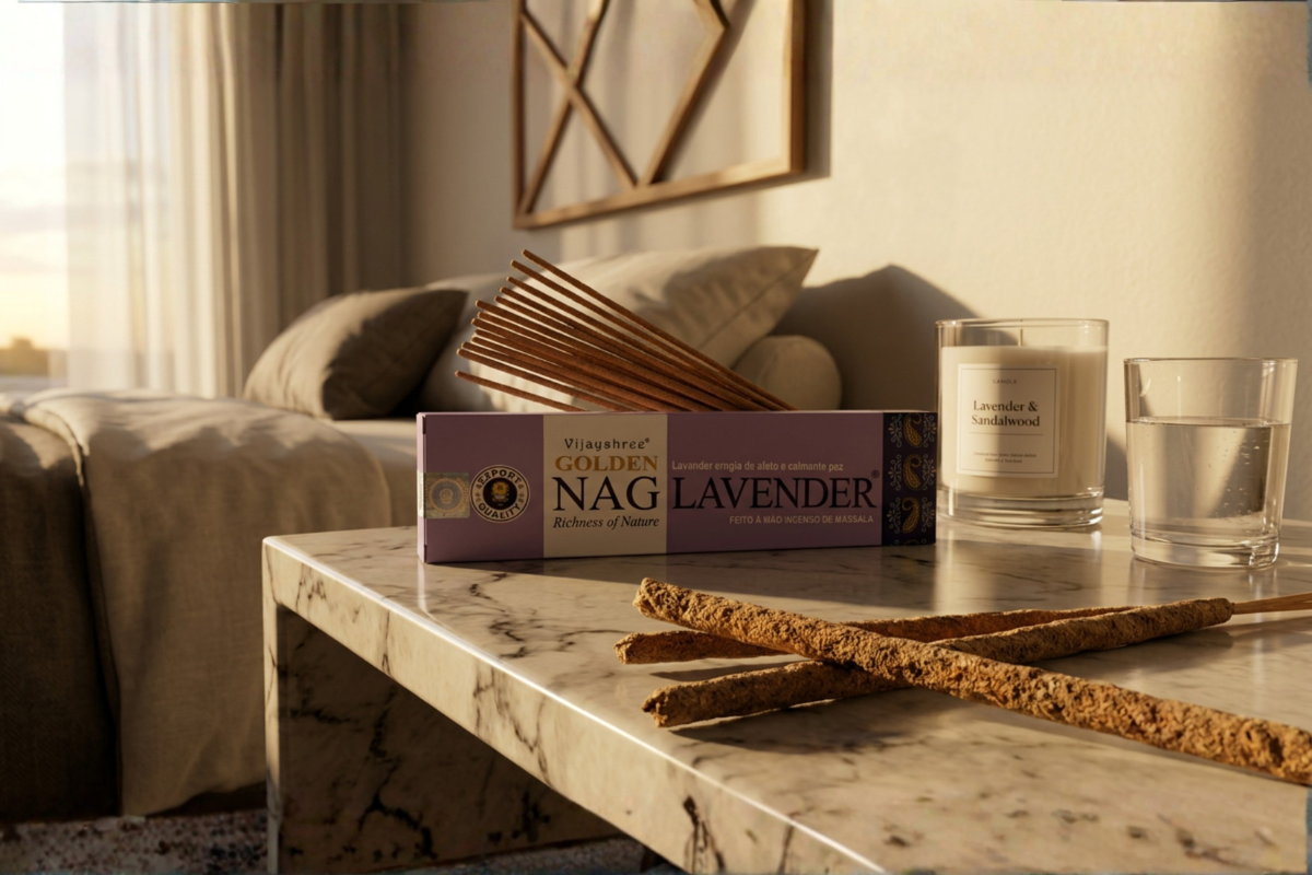 Golden Nag Lavender 15g eksklusiv r�gelse i lilla og hvid indpakning � H�ndrullede pinde fra Bangalore pr�senteret p� shoppen.