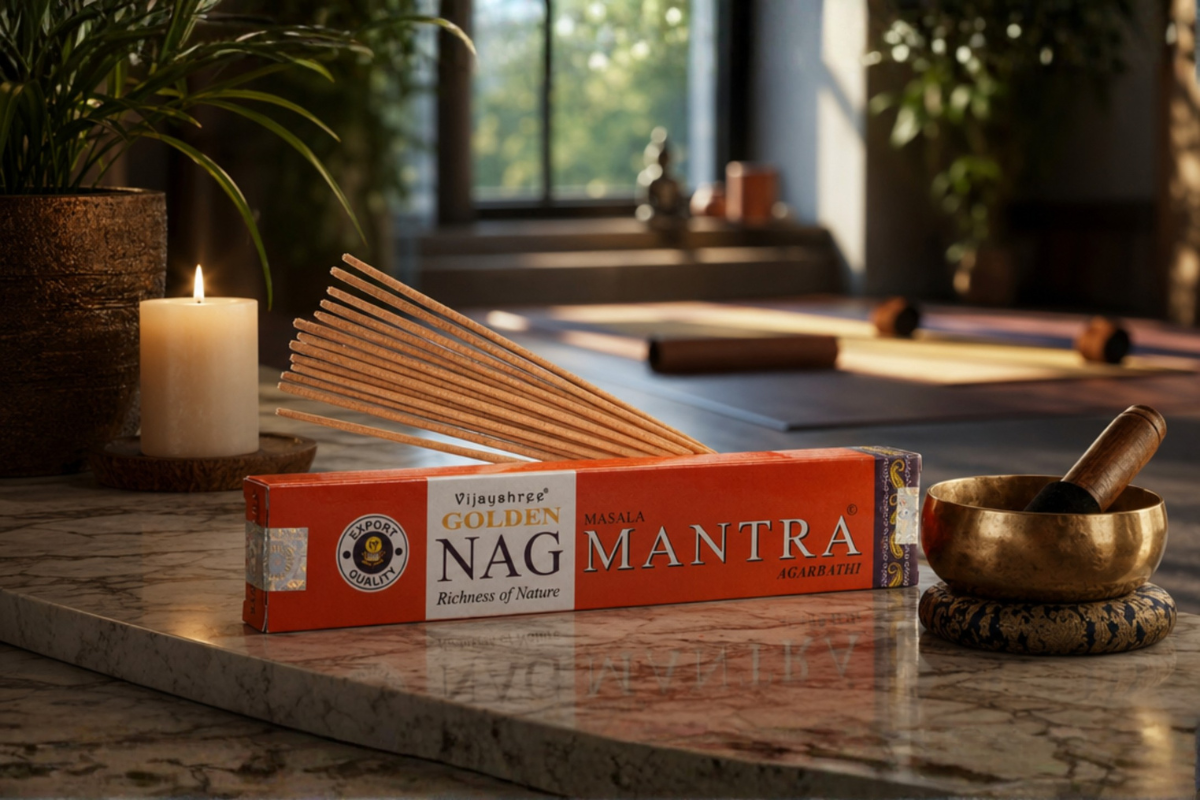 Golden Nag Mantra 15g eksklusiv r�gelse i orange og guld indpakning � H�ndrullede pinde fra Bangalore pr�senteret p� shoppen.