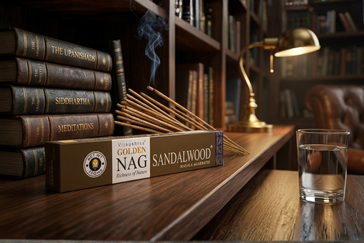 Golden Nag Sandalwood 15g eksklusiv r�gelse i gyldenbrun indpakning � H�ndrullede pinde fra Bangalore pr�senteret p� shoppen.