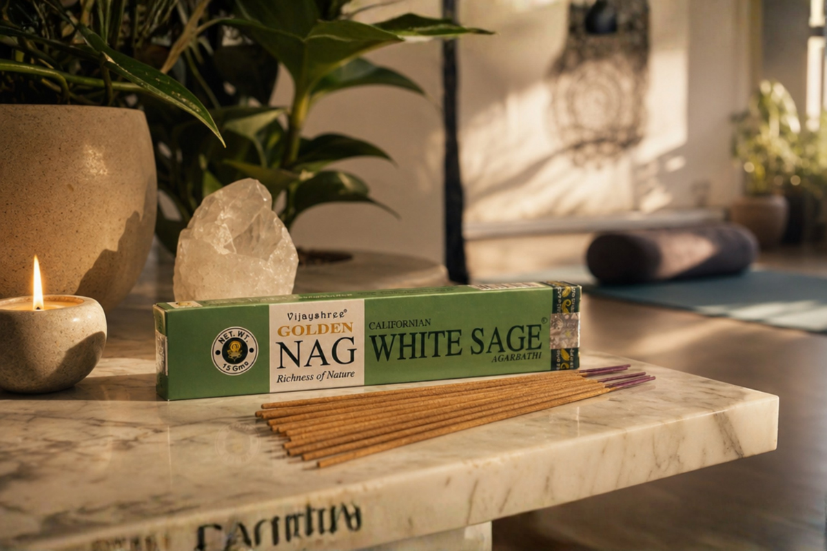 Golden Nag White Sage 15g eksklusiv r�gelse i gr�n og hvid indpakning � H�ndrullede pinde fra Bangalore pr�senteret p� shoppen.