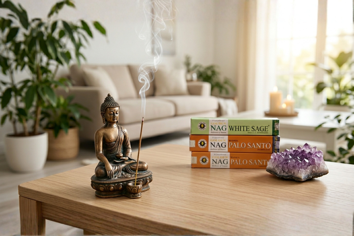 Renselse & Energi Pakke med White Sage, Palo Santo og Nag Champa r�gelse samt Buddha holder pr�senteret p� shoppen.