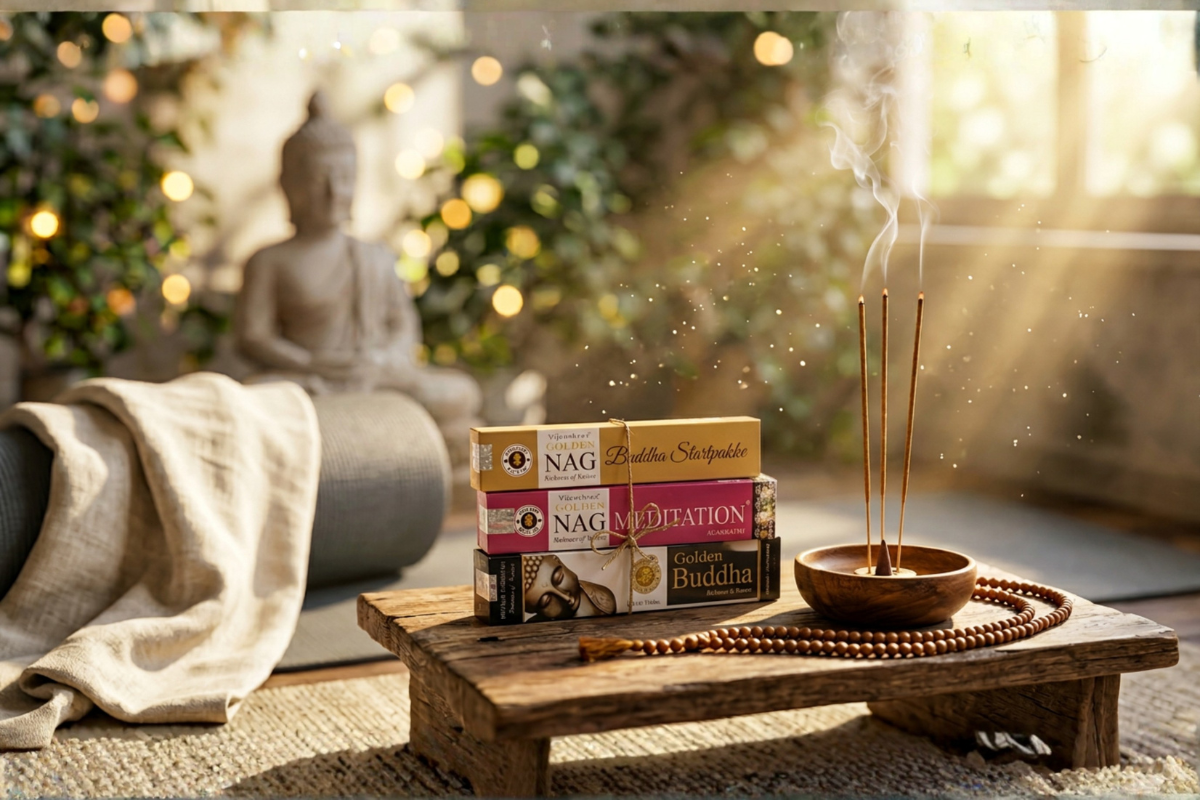Buddha Startpakke med 3 varianter af Golden Nag r�gelse og en tr�holder � Komplet s�t til ro og balance pr�senteret p� shoppen.