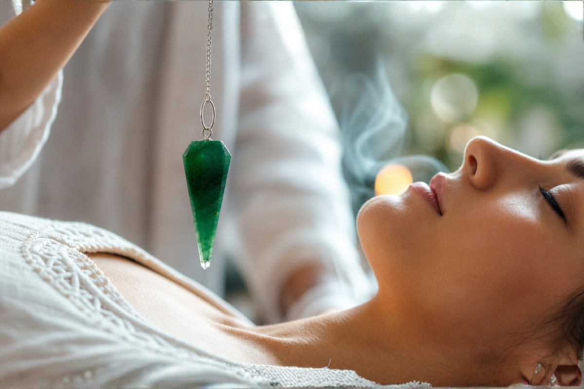 Magic Pendulum i hjerte-beroligende Gr�n Aventurin med fors�lvet k�de � spirituelt redskab til intuition og manifestation pr�senteret p� shoppen.