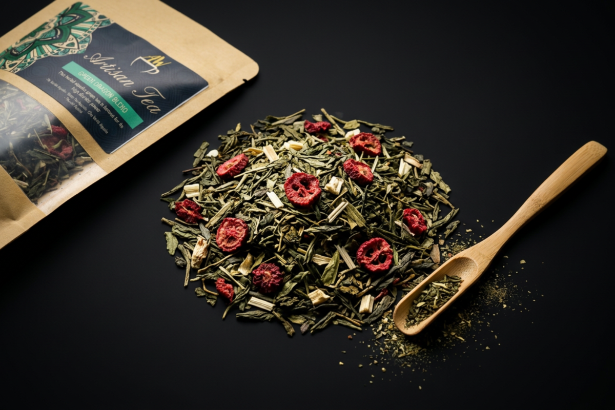 Artisan Green Dragon Blend gr�n te i kraftpose med l�s te og frugtstykker