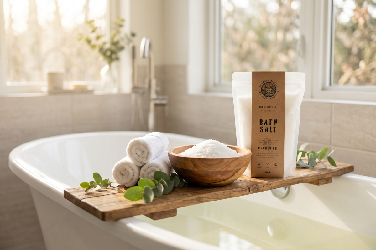 En stor pose med 800g Greenman Rituals Bath Salt. Posen er hvid og gennemsigtig med en rustik brun kraftpapirs-etiket i midten, der siger '100% Natural, Pure Epsom Bath Salt, Magnesium'.