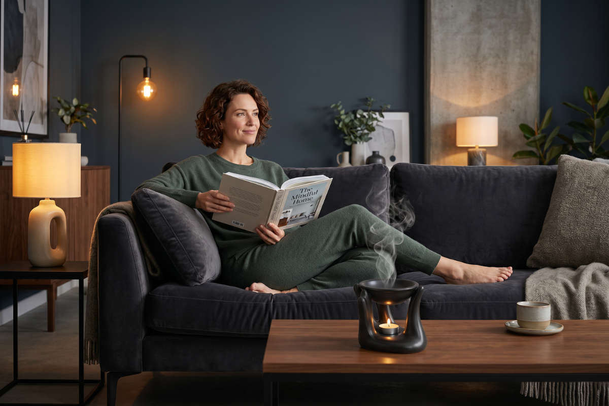 Sort keramisk duftlampe formet som to udstrakte h�nder, der holder en rund sk�l
