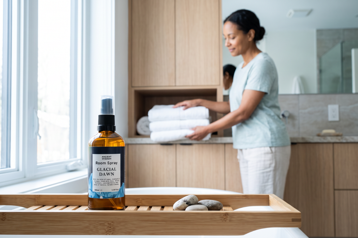 Opretst�ende Ancient Wisdom Room Spray Glacial Dawn. En ravfarvet 100 ml glasflaske med sort spraypumpe og en etiket prydet med et isbl�t bjergmotiv.