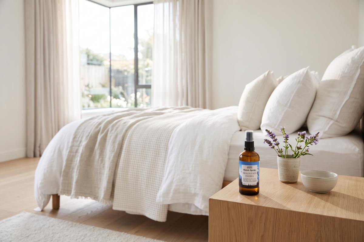 Opretst�ende Ancient Wisdom Room Spray Mountain Flora. En ravfarvet 100 ml glasflaske med sort spraypumpe og en etiket prydet med et lilla og bl�t bjergmotiv.