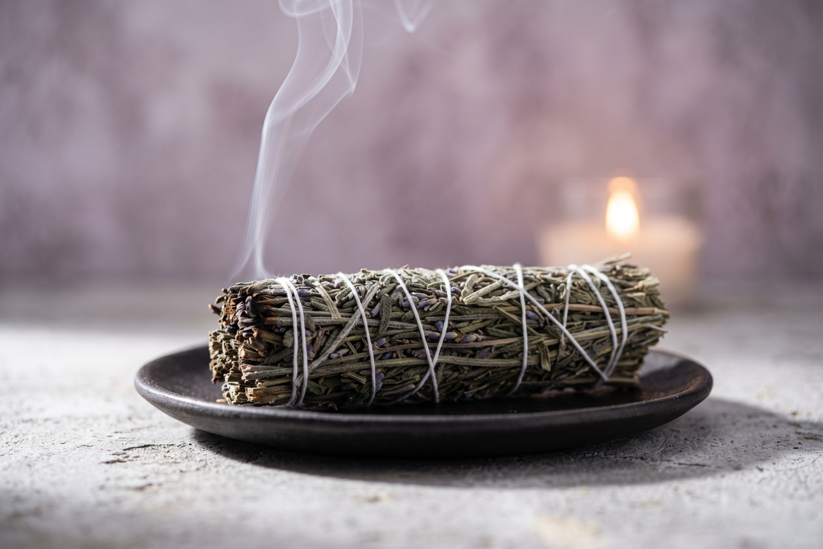 Smudge Stick med t�rret Lavendel og Salvie omviklet med hvid bomuldstr�d