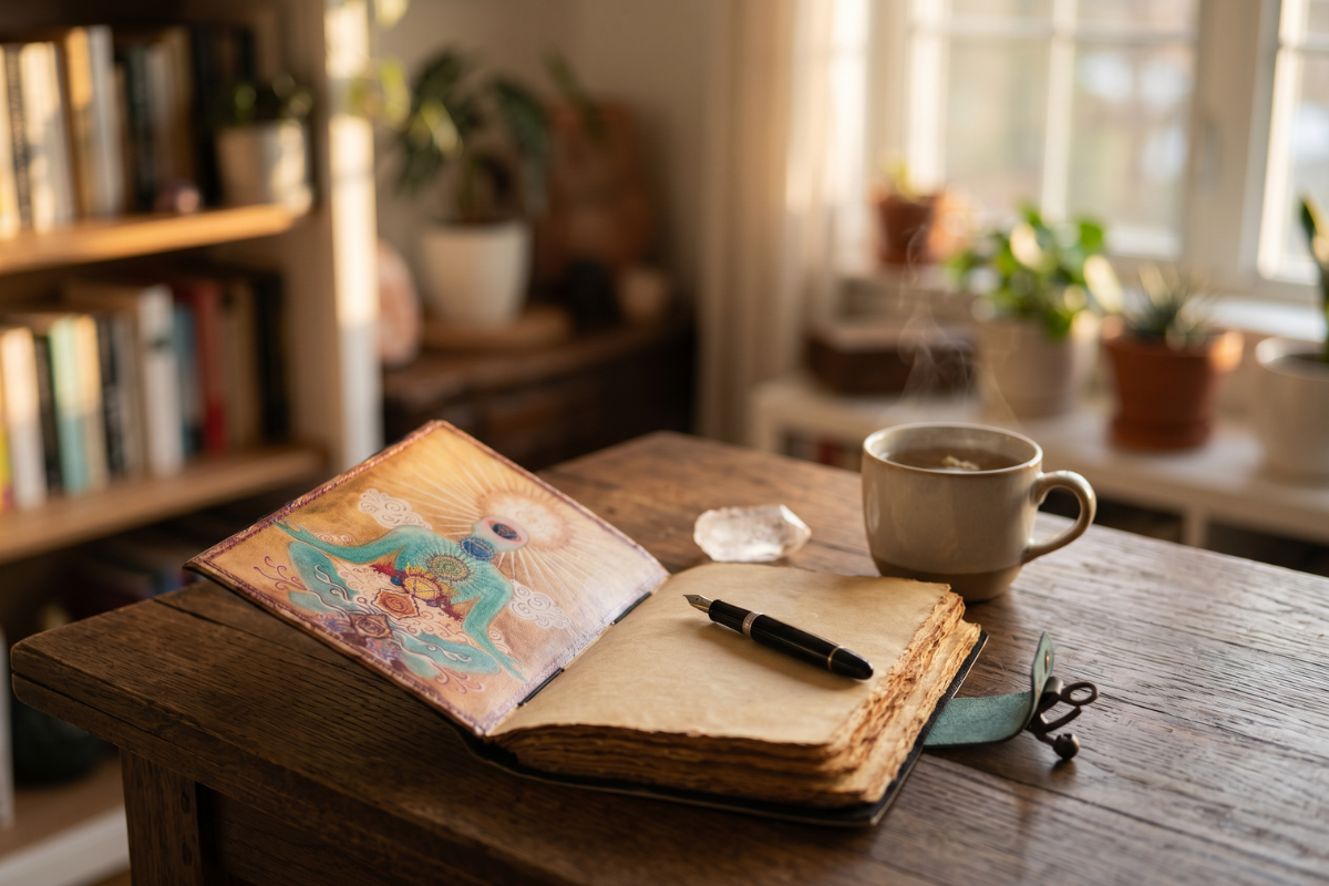 En lukket, h�ndlavet notesbog i brunt, rustikt l�der med et antikt messingsp�nde. P� forsiden ses en pr�gning af en mediterende Buddha med de syv chakraer farvelagt i blide nuancer.