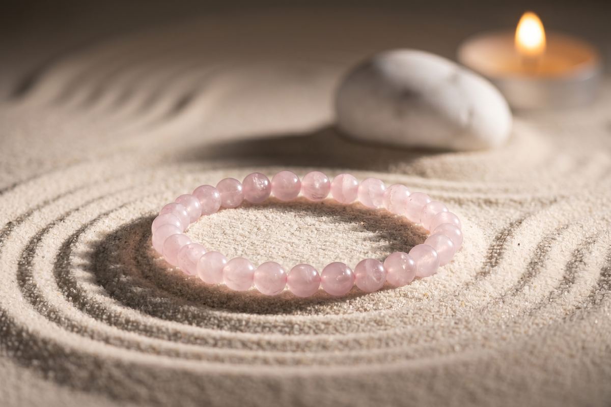 Rose Quartz Manifestationsarmb�nd sarte lyser�de perler p� brunt displaykort
