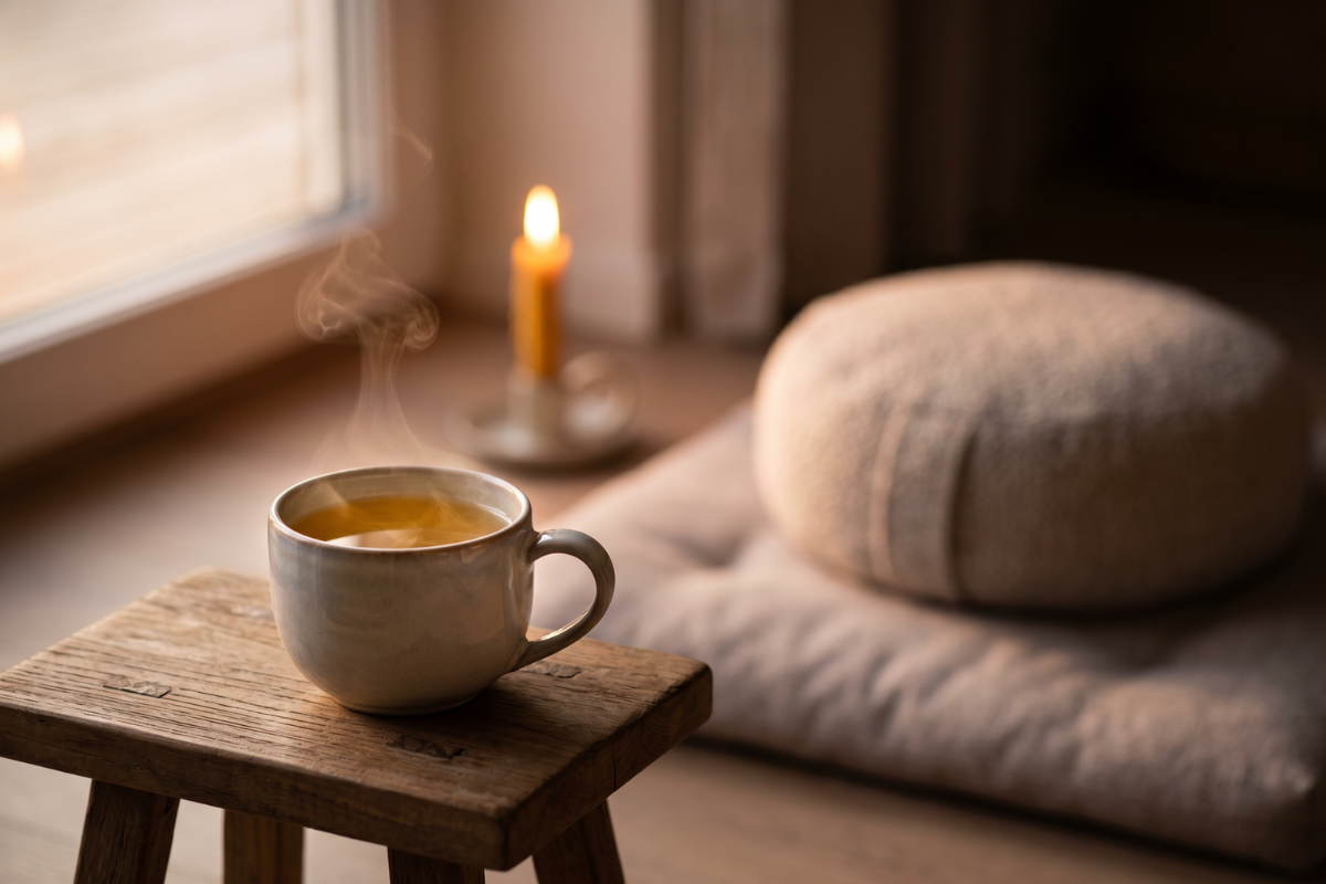 Et utroligt t�t n�rbillede af t�rrede, gyldne kamilleblomster og lilla lavendel, der ligger smukt spredt ud p� en lys linneddug.