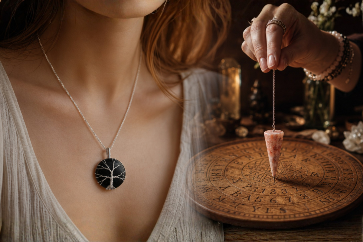 Eksklusive Halsk&aelig;der og Penduler med krystaller &ndash; Tree of Life halsk&aelig;de og Solsten pendul pr&aelig;senteret p&aring; shoppen.