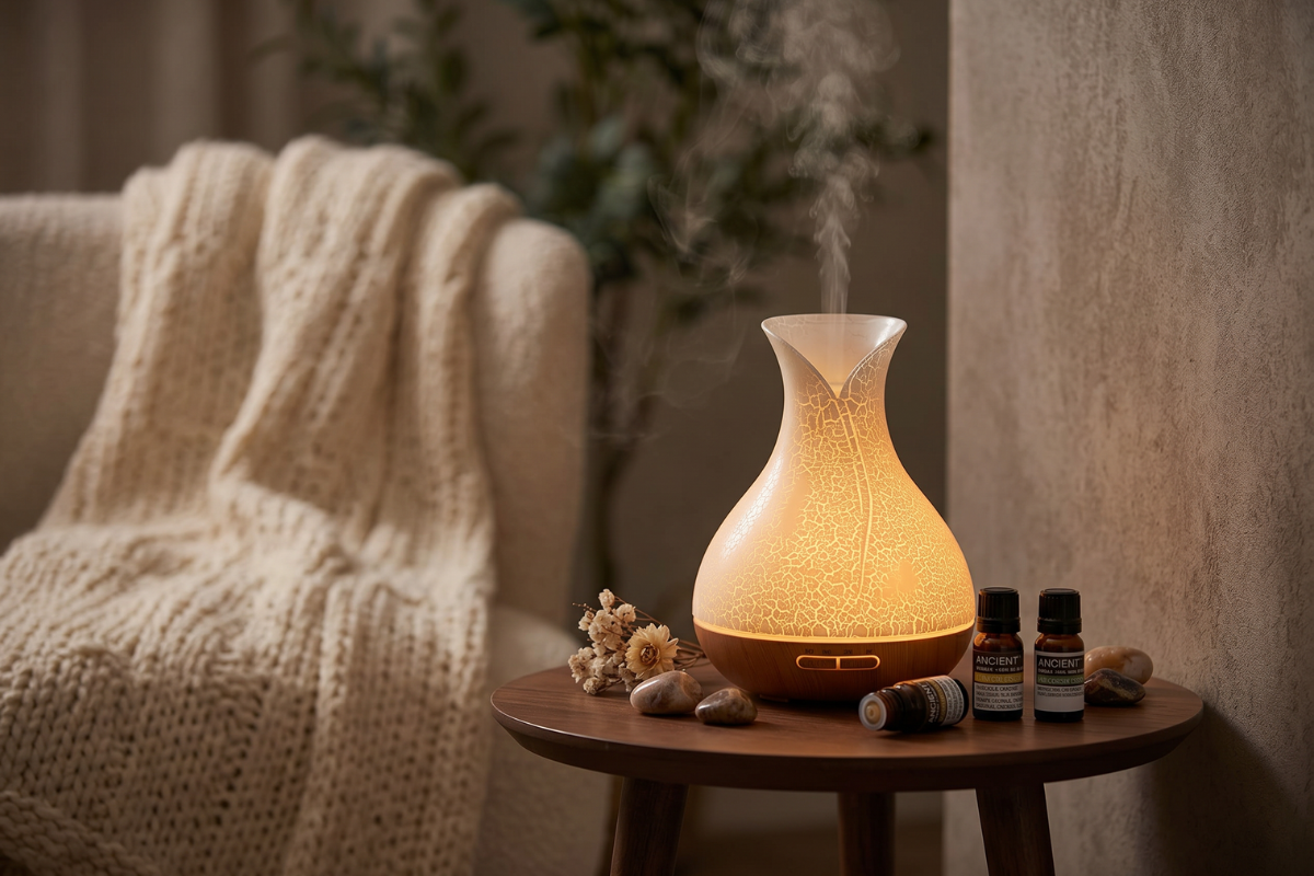 Palermo Aromaterapi Startpakke best�ende af en elegant krakeleret hvid diffuser med tr�base, samt tre 10 ml flasker med �terisk olie: Frankincense, Oregano og Melissa Blend.