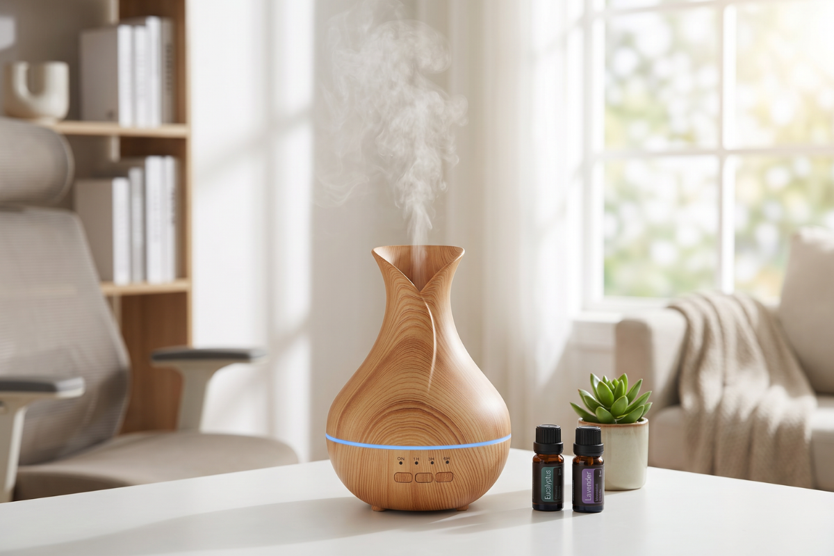 Palermo Aroma Diffuser. En elegant, vaseformet diffuser udf�rt i et lyst, naturtro tr�-look. Den har en tulipanformet top, en bl�t lysende LED-ring om midten og tre knapper i bunden til styring af timer.