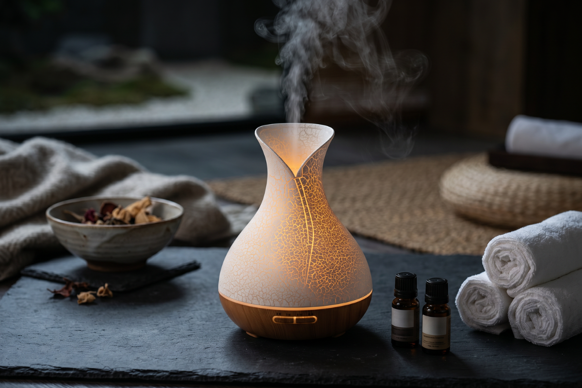 Palma Aroma Diffuser med et unikt, hvidt krakeleret shell-m�nster overdel p� en elegant base af lyst tr� med kontrolknapper.