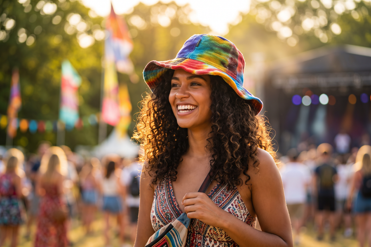 Farverig tie-dye boho festival hat i hamp og bomuld med patches