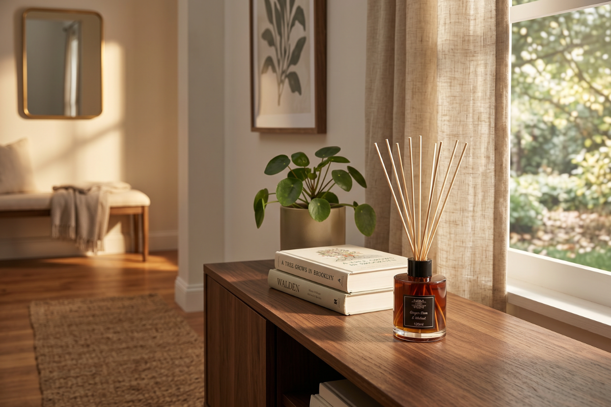 En rund glasflaske med m�rk ravfarvet v�ske og naturlige duftpinde indeni, med et sort 'AW Home' logo. St�r ved siden af sin hvide gave�ske med et brunt geometrisk m�nster.