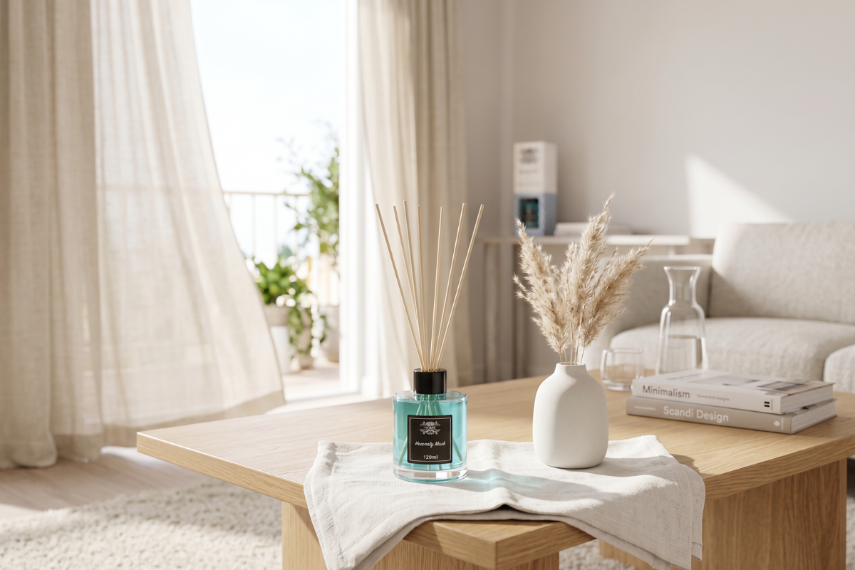 En rund glasflaske med bl� v�ske og naturlige duftpinde indeni, med et sort 'AW Home' logo. St�r ved siden af sin hvide gave�ske med et bl�t geometrisk m�nster.