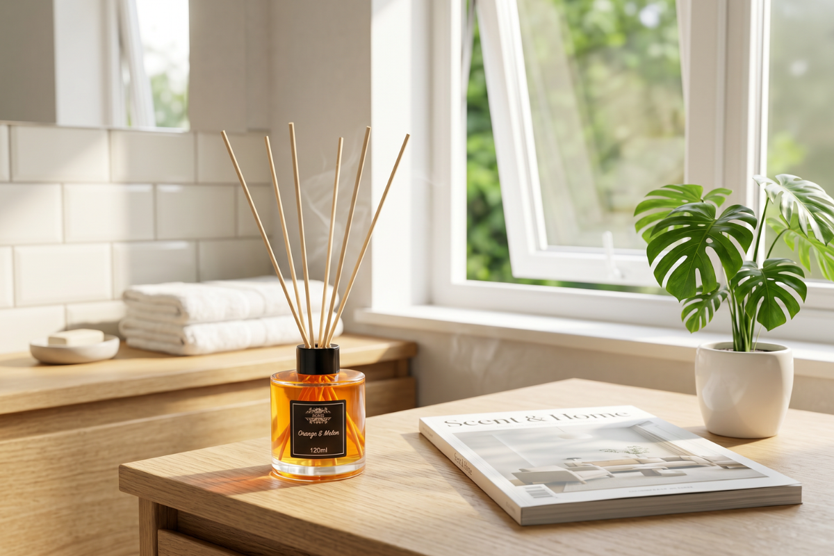 En rund glasflaske med levende orange v�ske og naturlige duftpinde indeni, med et sort 'AW Home' logo. St�r ved siden af sin hvide gave�ske med et orange geometrisk m�nster.
