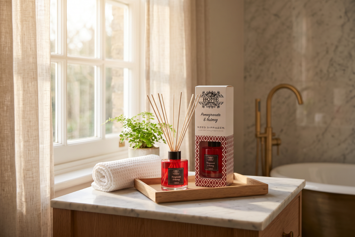 En rund glasflaske med dyb r�d v�ske og naturlige duftpinde stikkende op. Foran st�r flaskens hvide gave�ske med et r�dt geometrisk m�nster. Teksten siger 'Pomegranate & Nutmeg'.